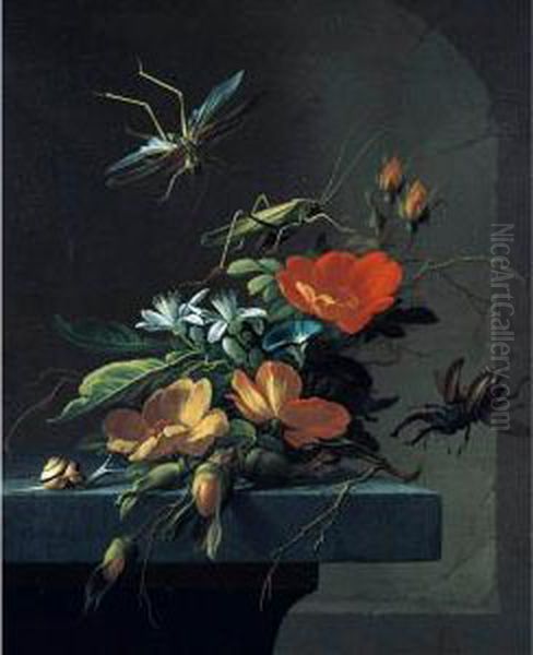 Still Life Of Austrian Briars Arranged Upon A Stone Plinth, With Stag Beetles Oil Painting by Carl Wilhelm de Hamilton