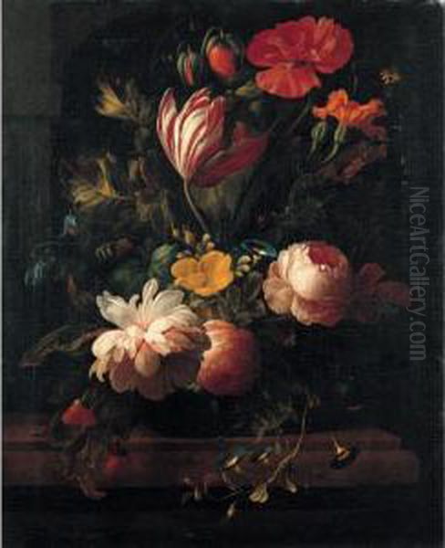 A Still Life Of Roses, Irises, 
Narcissi, Poppies And Various Other Flowers In A Vase On A Stone Ledge Oil Painting by Carl Wilhelm de Hamilton