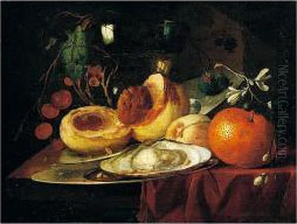 A Still Life Of Peaches, An 
Orange, Cherries, And An Oyster, Together With A Roemer, All Resting On A
 Table Partially Draped With A Red Cloth Oil Painting by Carl Wilhelm de Hamilton