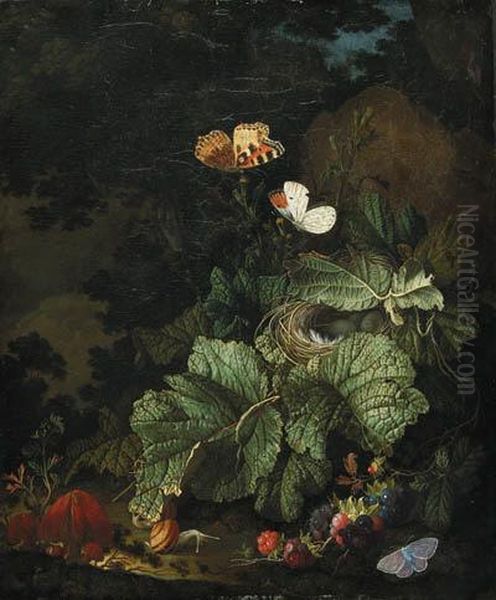 A Forest Floor Still Life With A
 Bird's Nest, Toadstools, Snails,blackberries, Tortoiseshell, Aurora, 
And Common Bluebutterflies Oil Painting by Carl Wilhelm de Hamilton