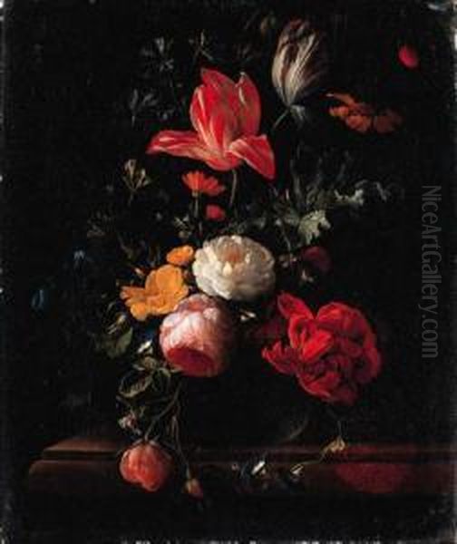 Pink And Red Roses, Parrot 
Tulips, Camellias, Marigolds And Otherflowers In A Vase On A Ledge Oil Painting by Carl Wilhelm de Hamilton