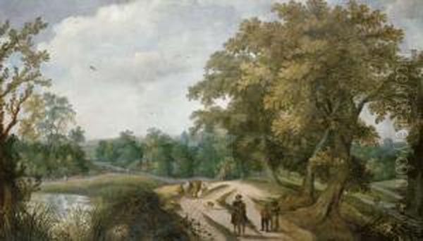 Peasants And Travelers On A Path, A Village Beyond Oil Painting by Willem Van Den Bundel