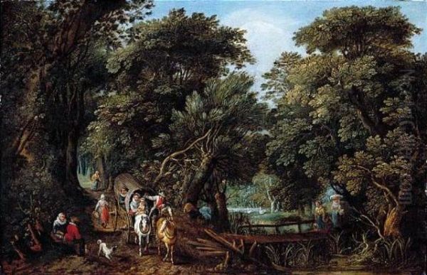 Forest Landscape With Travellers In A Coach And Washerwomen Oil Painting by Willem Van Den Bundel