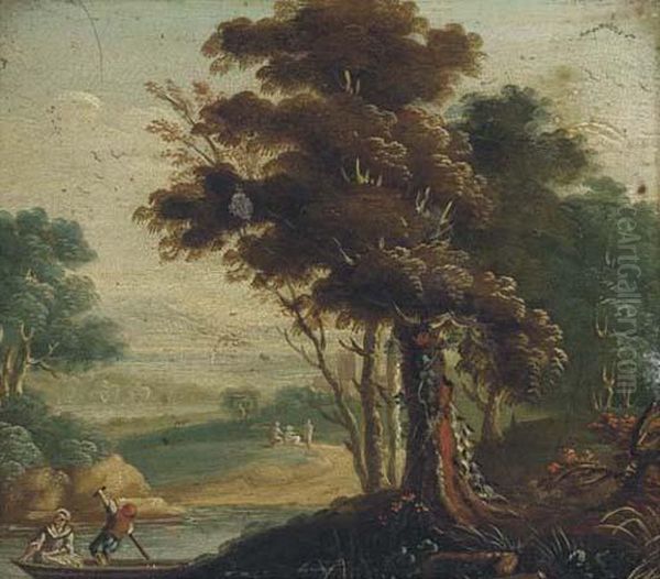 A River Landscape With Figures In A Boat Oil Painting by Willem Van Den Bundel