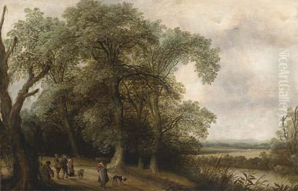 A Wooded River Landscape With Figures On A Track Oil Painting by Willem Van Den Bundel