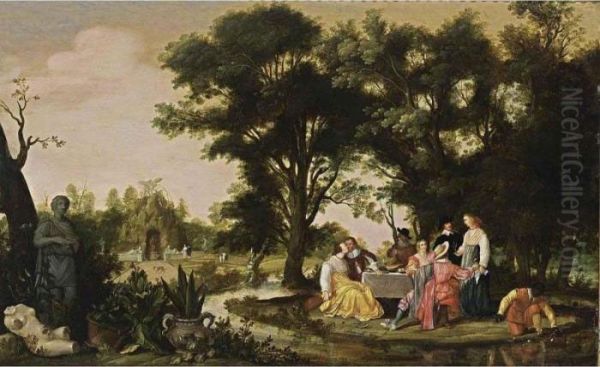 An Elegant Company Eating And Drinking In A Park Landscape Oil Painting by Willem Van Den Bundel