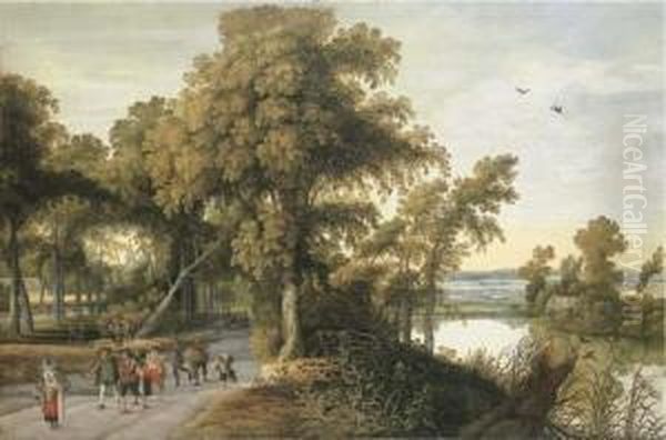 A Wooded River Landscape With 
Soldiers, Peasants And Huntsmen On A Path, A Church Through The Trees 
Beyond Oil Painting by Willem Van Den Bundel