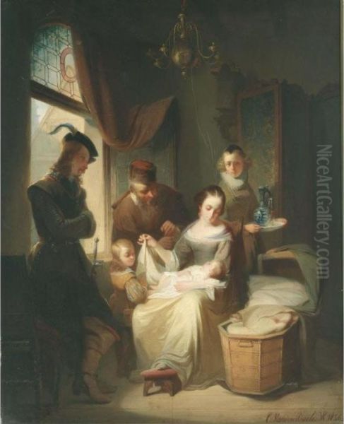 Admiring The Newborn Oil Painting by Casimir Van Den Daele