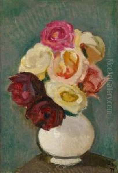 Vase Fleuri De Roses Oil Painting by Jean Van Den Eeckhoudt