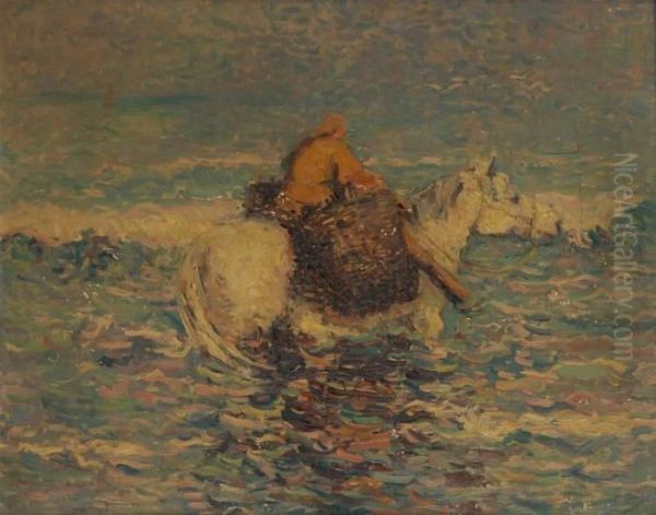 Pecheur De Crevettes A Chevalen Mer Du Nord Oil Painting by Jean Van Den Eeckhoudt