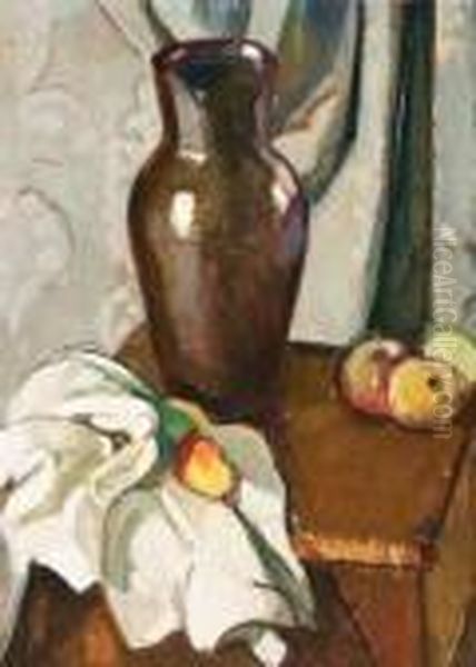 Nature Morte Au Vase De Gres Brun Oil Painting by Jean Van Den Eeckhoudt