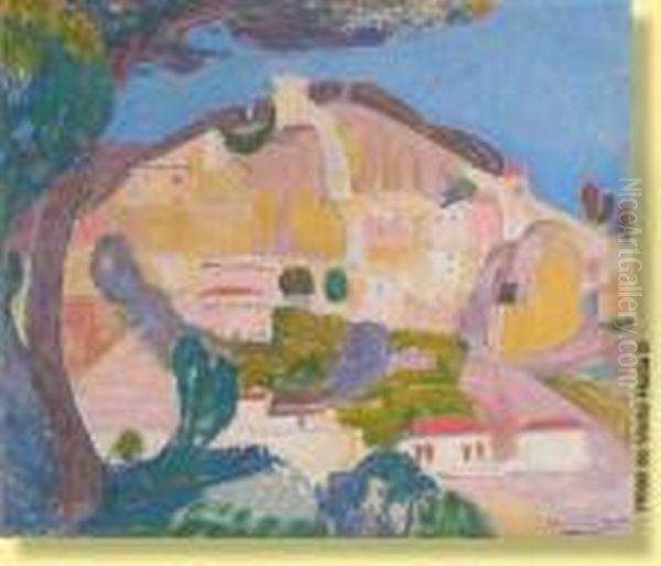 Vue De Roquebrune Du Dessous Oil Painting by Jean Van Den Eeckhoudt