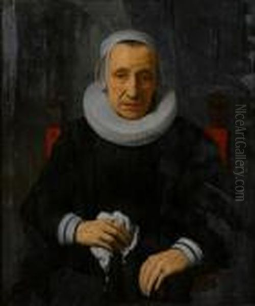 Portrait Of An Elderly Lady, 
Seated,three-quarter-length In Black Costume With A White Ruff And A 
Lacecap Oil Painting by Gerbrand Van Den Eeckhout