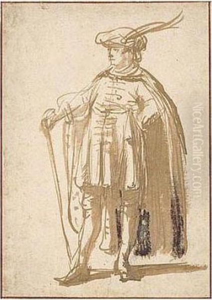 Standing Man, Wearing A Cloak And A Feather In His Cap, And Holding A Stick. Oil Painting by Gerbrand Van Den Eeckhout