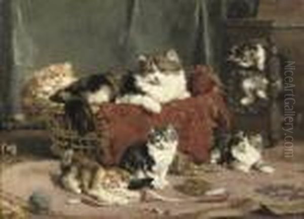 A Lively Litter Oil Painting by Charles van den Eycken