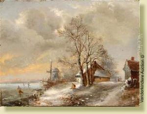 Paysage Enneige Aux Patineurs Oil Painting by Charles van den Eycken