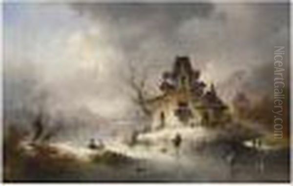 A Winterlandscape With Skaters On A Frozen Waterway Oil Painting by Charles van den Eycken