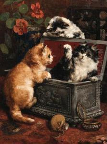 Mischievous Kittens Oil Painting by Charles van den Eycken