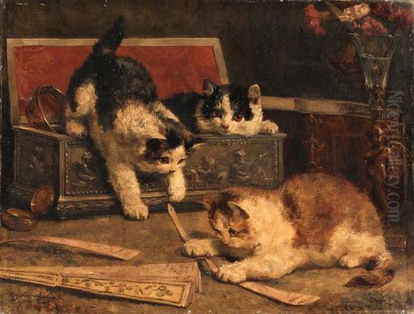 Kittens Playing In The Jewel Box Oil Painting by Charles van den Eycken