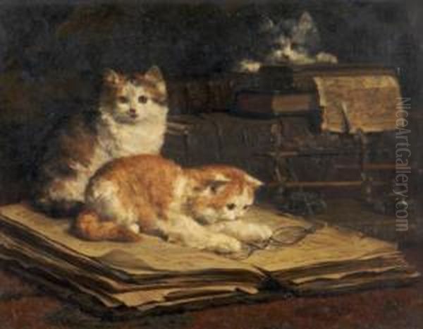 Kittens Oil Painting by Charles van den Eycken