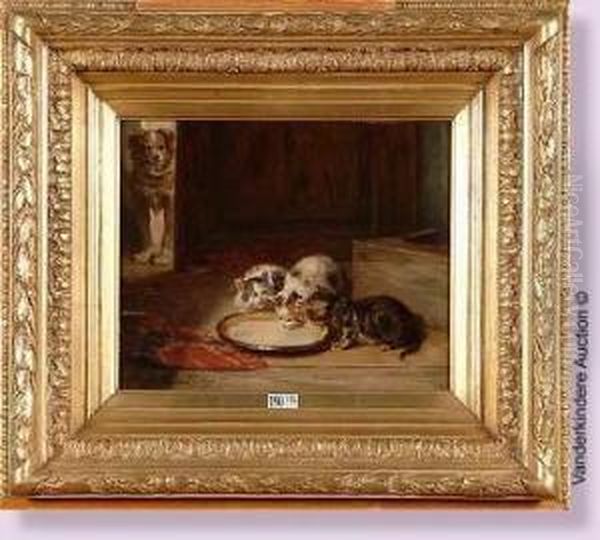 Chien Surveillant Les Chatons Buvant Du Lait Oil Painting by Charles van den Eycken