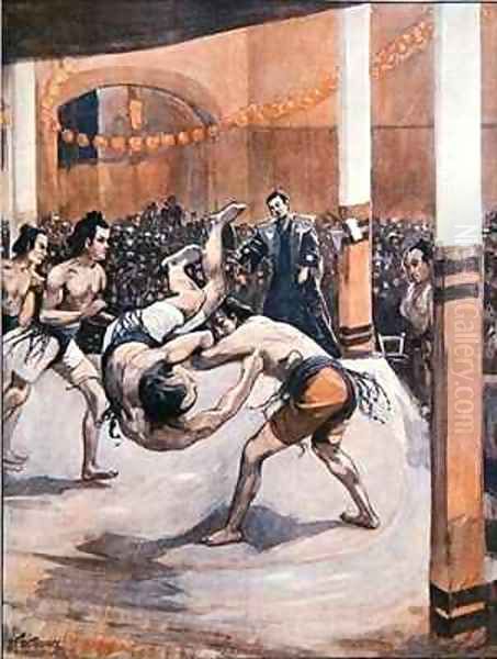 Traditional Japanese Wrestling Sumo wrestlers displaying their art at the Japanese Exhibition in London Oil Painting by Joseph Finnemore