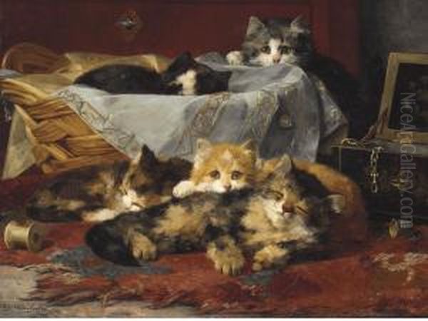 Kittens In A Basket Oil Painting by Charles van den Eycken