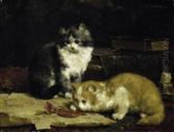 Playing Kittens Oil Painting by Charles van den Eycken