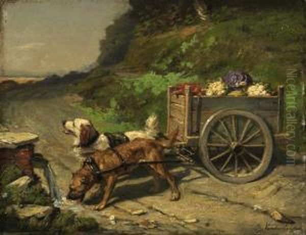 Two Dogs In Front Of A Vegetable Cart Oil Painting by Charles van den Eycken