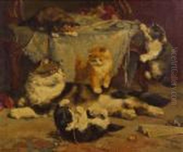 Kittens At Play Oil Painting by Charles van den Eycken