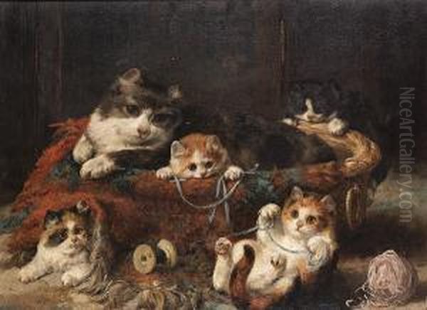 Kittens Playing Oil Painting by Charles van den Eycken