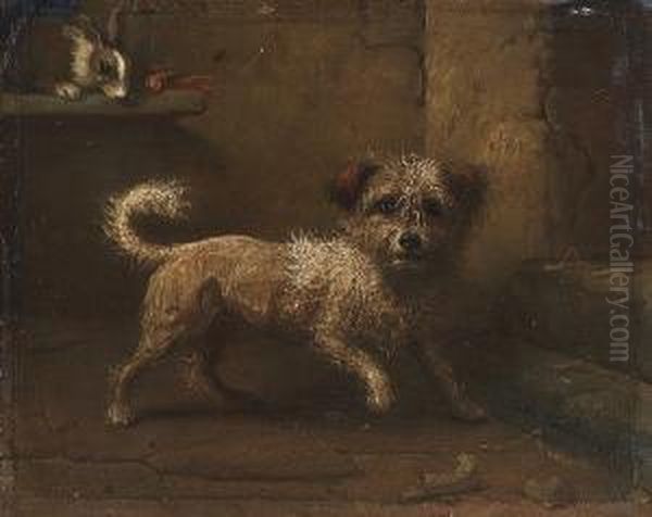 Interior With Terrier And Rabbit; Portrait Of A Dog On A Red Cushion Oil Painting by Felix Van Den Eycken