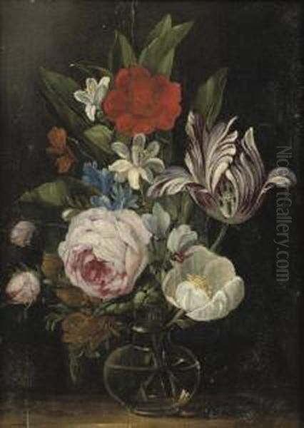 Roses, A Tulip And Other Flowers In A Glass Vase Oil Painting by Jasper van der Lanen