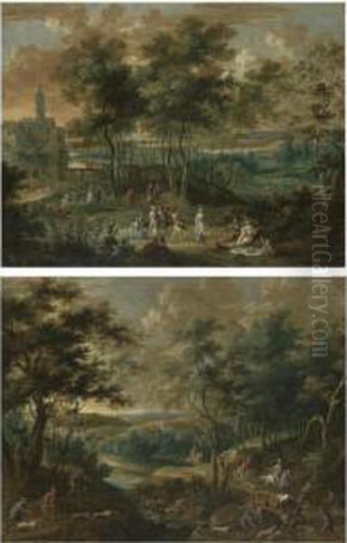 Elegant Figures Picnicking And 
Making Music In A Park Landscape, A Castle Beyond; A Wooded River 
Landscape With A Hunting Party, A Hound Attacking A Bull Oil Painting by Jasper van der Lanen