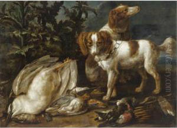 Still Life With Two Spaniels Together With Various Game And Songbirds Oil Painting by Jasper van der Lanen