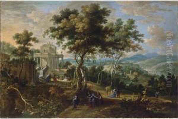 A Panoramic Classical Landscape 
With Elegant Figures Strolling And Resting Near A Palace, A View Of A 
River Beyond Oil Painting by Jasper van der Lanen