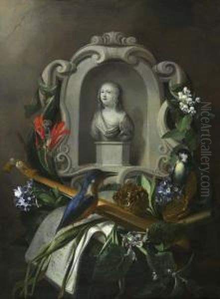 Cartouche With Bust Of A Woman 
Surrounded By Primroses And Deadnettles, Flute, Clock And Music Book, 
Kingfisher And Great Tit. Oil Painting by Jasper van der Lanen