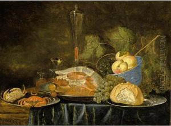 A Still Life With A Ham, A Bun, 
Crabs On Pewter Plates, Peaches In A Blue And White Bowl And Wine 
Glasses Together With Grapes, All On A Draped Table Oil Painting by Jasper van der Lanen