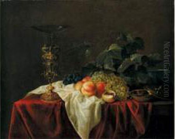 Nature Morte Aux Raisins Et Peches, Coupe De Verre Montee Sur Piece D'orfevrerie Oil Painting by Jasper van der Lanen