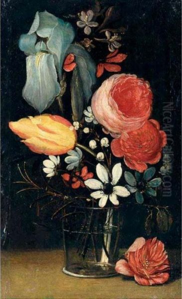 A Still Life With An Iris, 
Roses, A Tulip And Various Other Flowers Together In A Glass Vase Oil Painting by Jasper van der Lanen