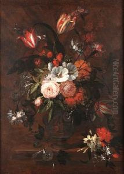 Roses, Carnations, Tulips, 
Narcissi And Other Flowers In An Earthenware Vase On A Table Top Oil Painting by Jasper van der Lanen