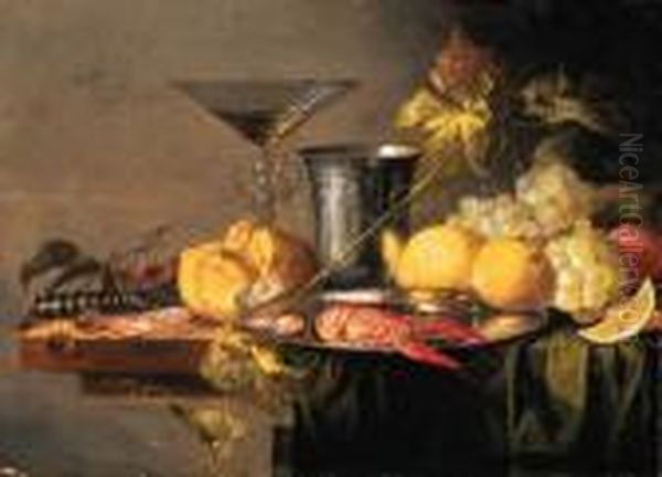 Crayfish And Prawns On A Pewter 
Plate, A Beaker, A Faon De Venisewineglass, A Roll, A Knife, Lemons, 
Grapes, Cherries And Otherfruit On A Partly Draped Table by Jasper van der Lanen