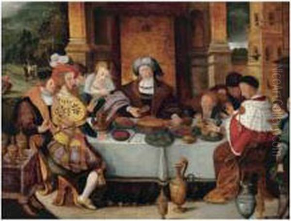 Scene De Banquet Oil Painting by Kasper or Gaspar van den Hoecke