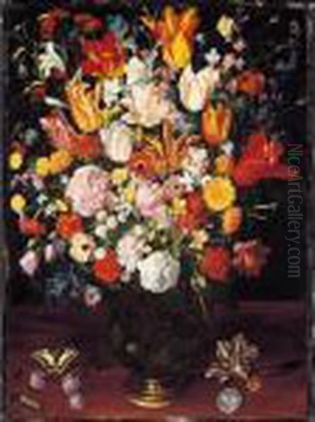 A Still Life Of Tulips, Pink 
Peonies, White Lilies, Poppies, Anemones, A White Raceme Rose, Garden 
Nasturtium And Other Flowers In A Vase Resting On A Wooden Surface, With
 A Caterpillar, A Butterfly And A Coin And Medal Oil Painting by Kasper or Gaspar van den Hoecke