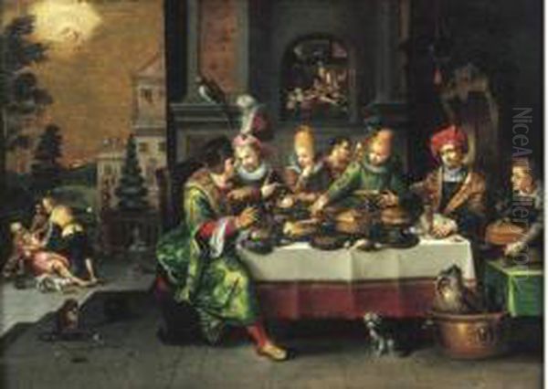 Scene De Banquet : Lazare Et Le Mauvais Riche Oil Painting by Kasper or Gaspar van den Hoecke