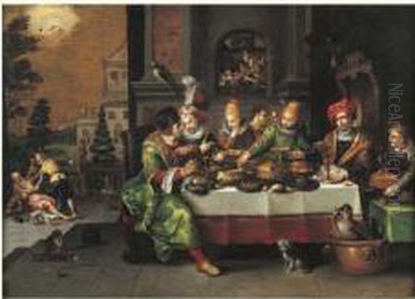 Scene De Banquet : Lazare Et Le Mauvais Riche Oil Painting by Kasper or Gaspar van den Hoecke