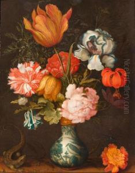 Still Life With Bouquet Of Flowers In A Wan-li Vase And A Lizard Oil Painting by Balthasar Van Der Ast