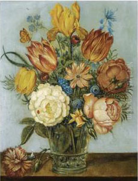 A Still Life With Tulips, Roses,
 Daffodils, Forget-me-nots Andother Flowers In A Glass Vase On A Wooden 
Ledge Oil Painting by Balthasar Van Der Ast