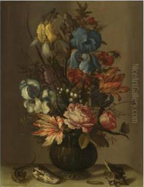 Still Life Of Roses, Tulips, 
Irises, French Marigold, And Lily Ofthe Valley In A Glass Vase, On A 
Ledge, Flanked By Shells, A Lizardand A Caterpillar Oil Painting by Balthasar Van Der Ast