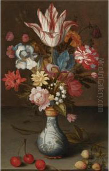 Still Life Of A 'semper 
Augustus' Tulip, Irises, A Carnation And Other Flowers In A Wan-li Vase,
 Resting On A Table With Cherries And Berries Oil Painting by Balthasar Van Der Ast